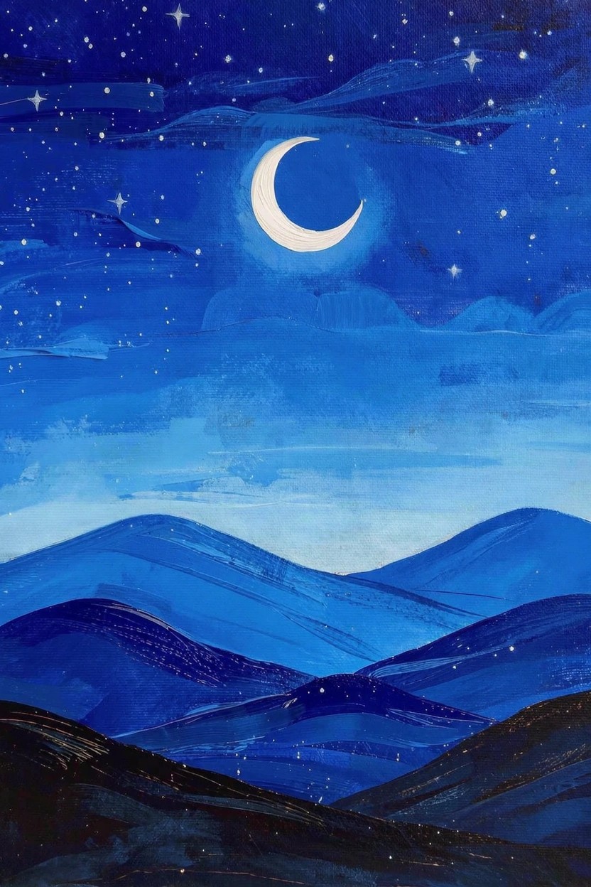 Acrylic painting of a crescent moon and stars in a deep blue night sky above layered blue mountains.