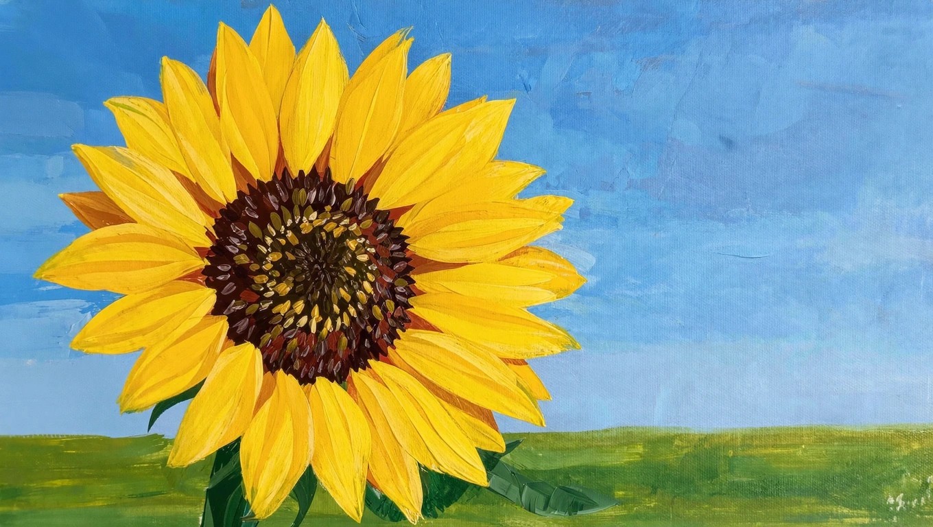 Acrylic painting on canvas of a yellow sunflower with brown center and green stem and leaves in front of green rolling hills under blue sky, displayed on a wooden easel.