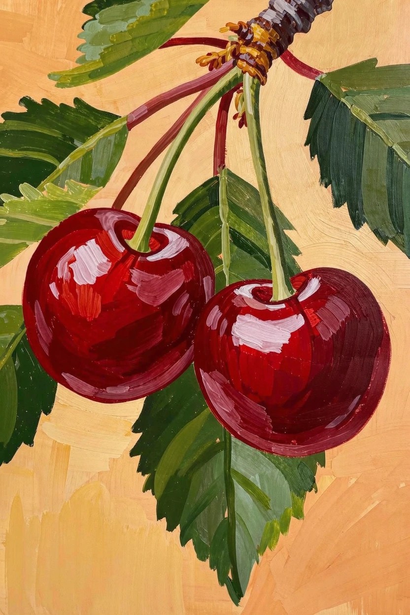 Acrylic painting of two shiny red cherries hanging from a green stem with leaves on a warm orange background.