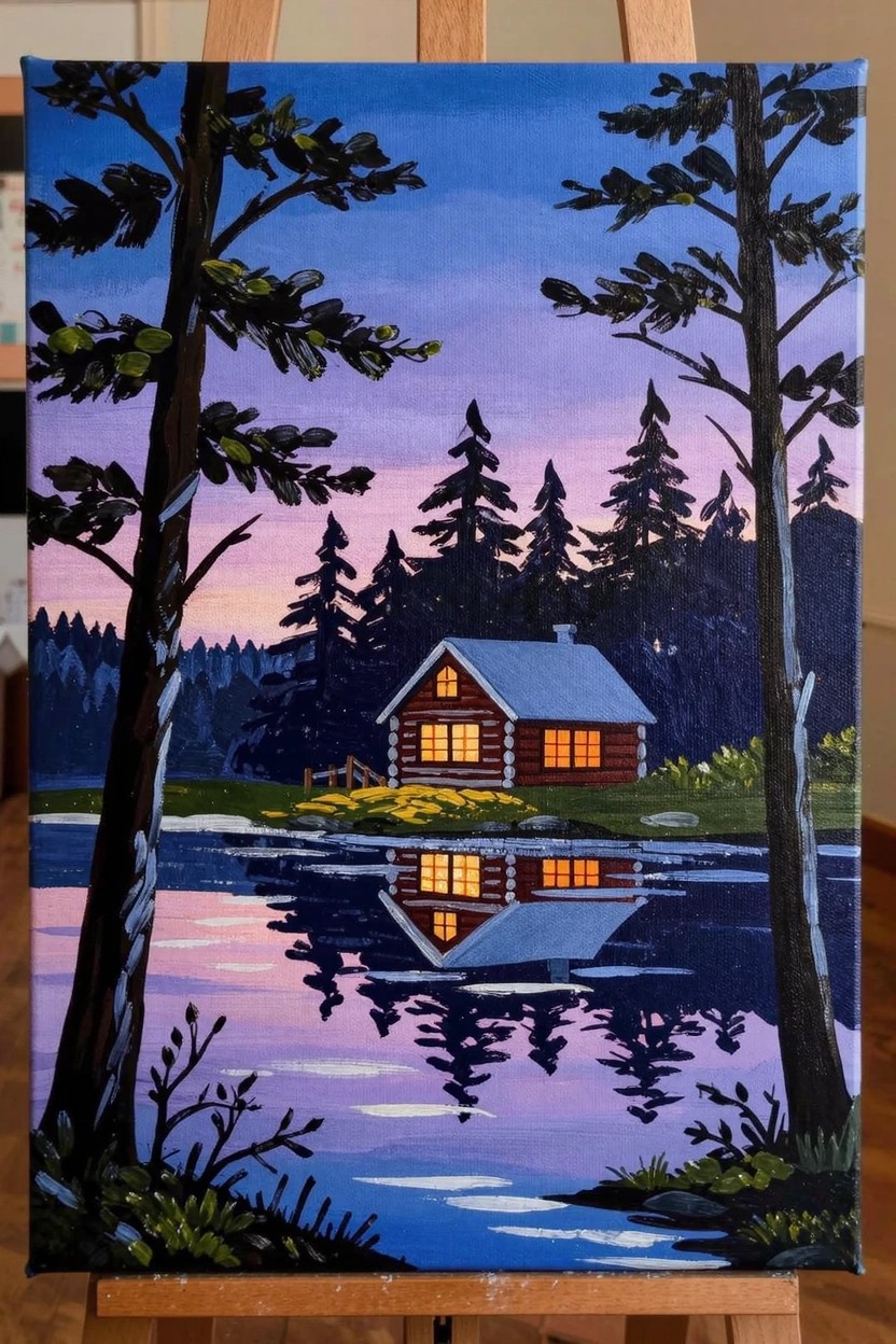 Acrylic painting on easel showing a lit log cabin by a lake at twilight, framed by pine trees with water reflections.