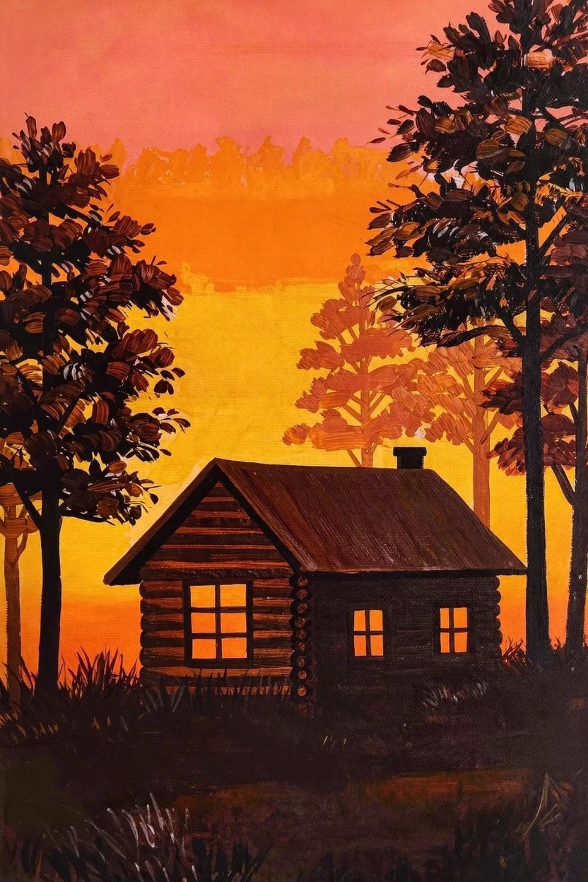 Acrylic painting of a dark log cabin with yellow glowing windows amid trees against an orange-pink sunset sky.