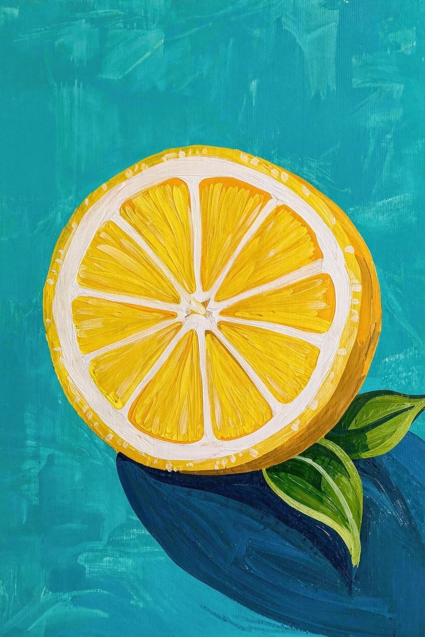 Acrylic painting of a yellow halved lemon slice on teal background with green leaves underneath and subtle shadow.