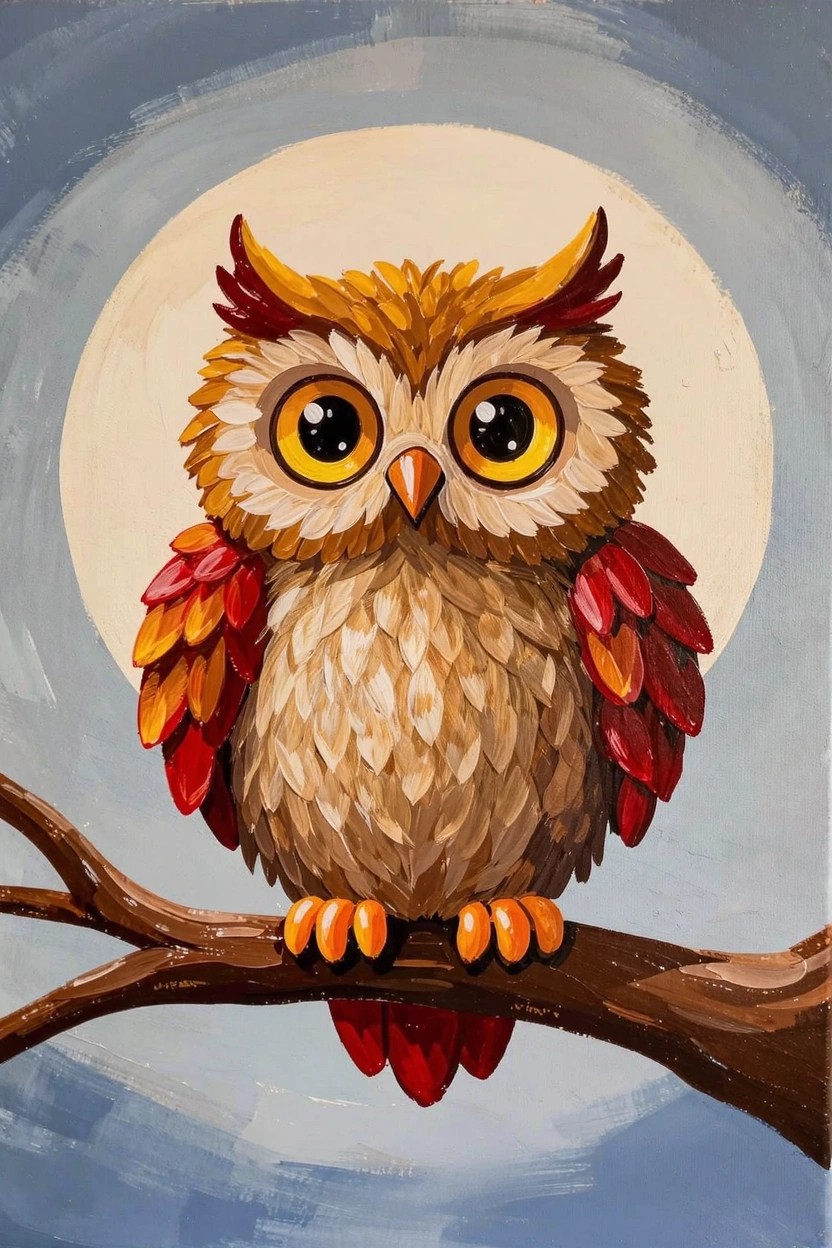 Acrylic painting of a cute fluffy owl with big eyes and orange-red feathers perched on a branch in front of a yellow full moon on a blue background.