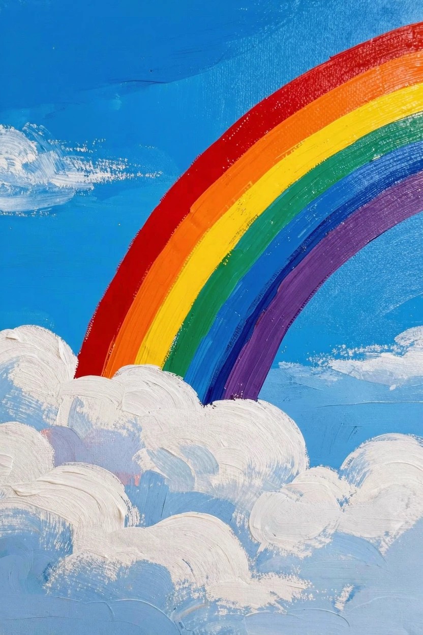 Acrylic painting of a rainbow curving over white clouds against a blue sky with visible brushstrokes.