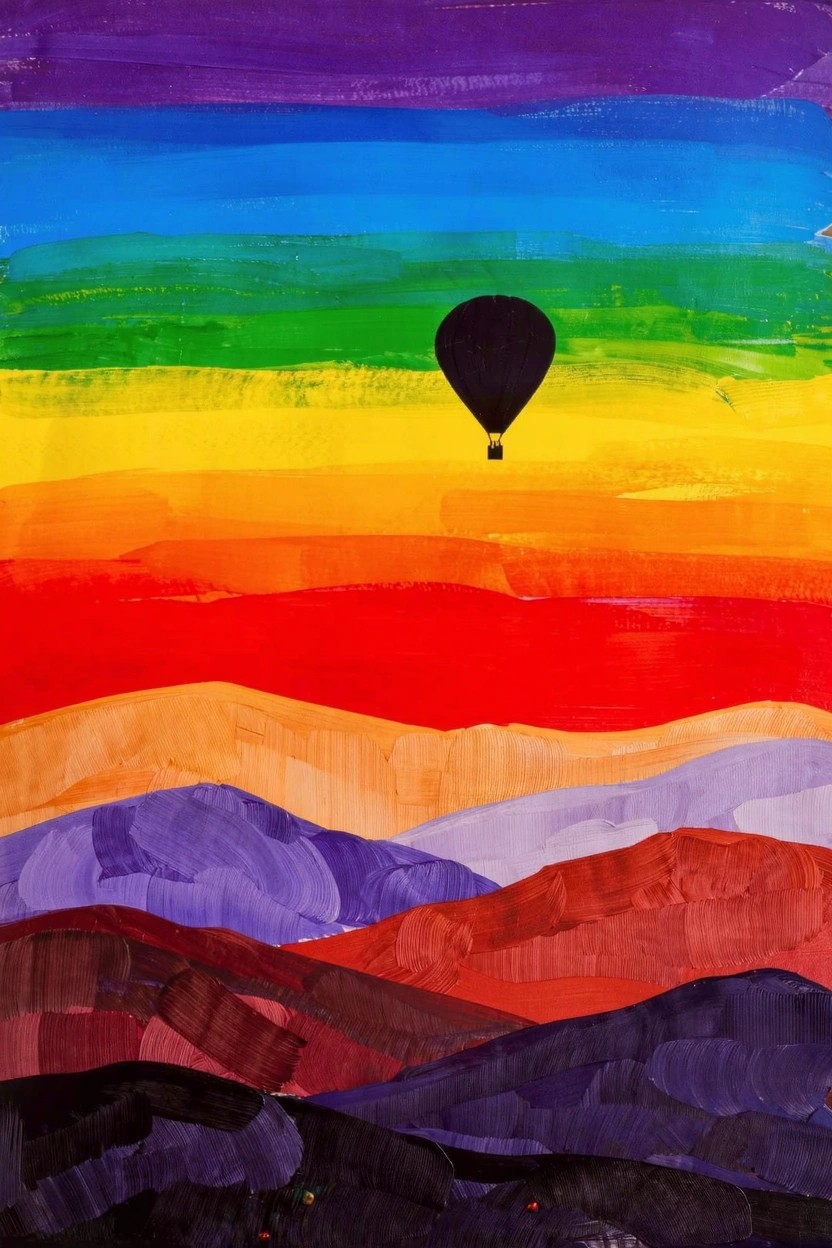 Acrylic painting of a black hot air balloon in a horizontally striped rainbow sky over layered purple-to-red mountains.