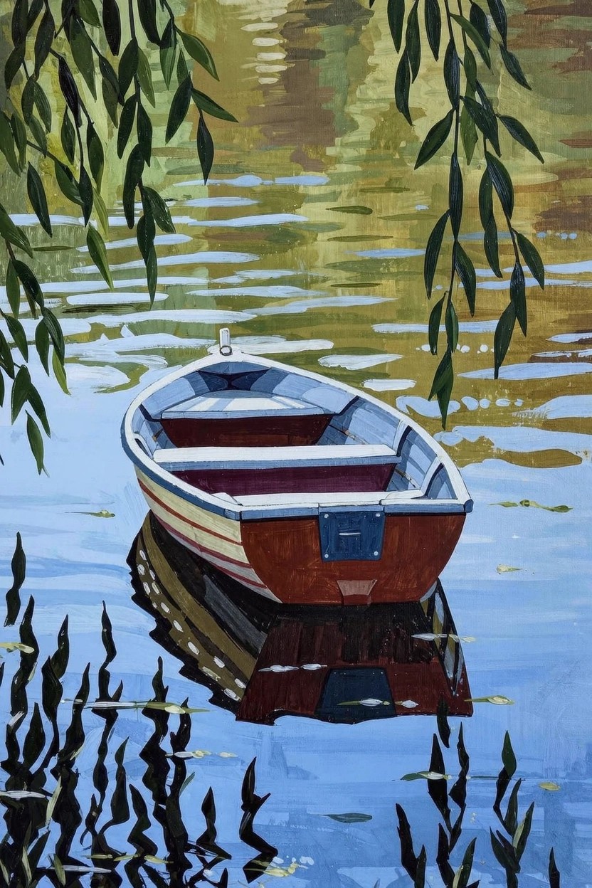 Acrylic painting of a red rowboat floating on reflective blue-green water framed by overhanging green willow branches.