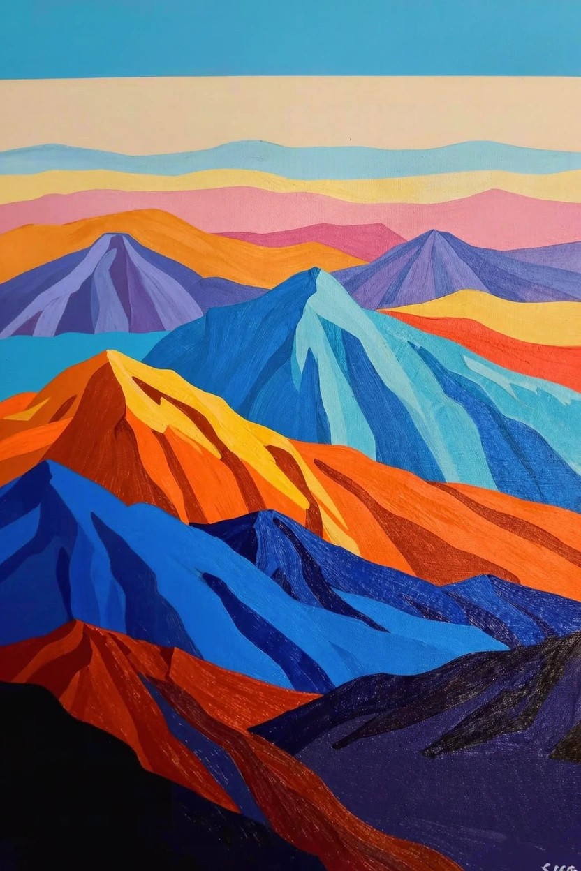 Acrylic painting of layered mountains in bold blues, oranges, purples, pinks, and yellows against a blue-to-pink gradient sky.