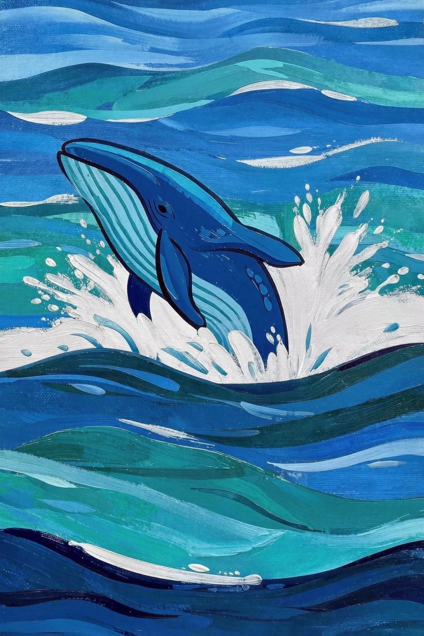 Stylized blue whale jumping upward from layered blue ocean waves with white foam splashes.