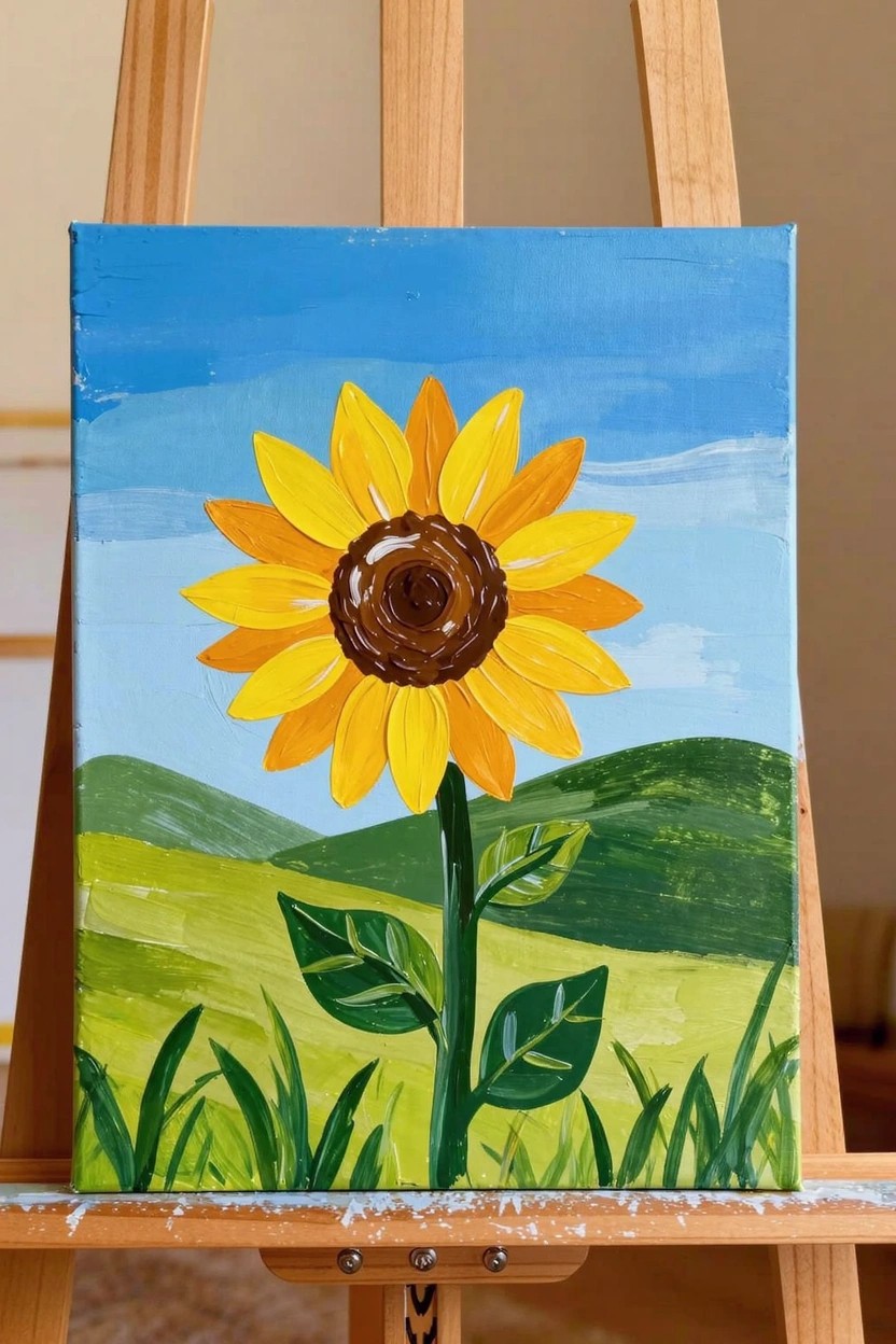 Acrylic painting on canvas of a yellow sunflower with brown center and green stem and leaves in front of green rolling hills under blue sky, displayed on a wooden easel.
