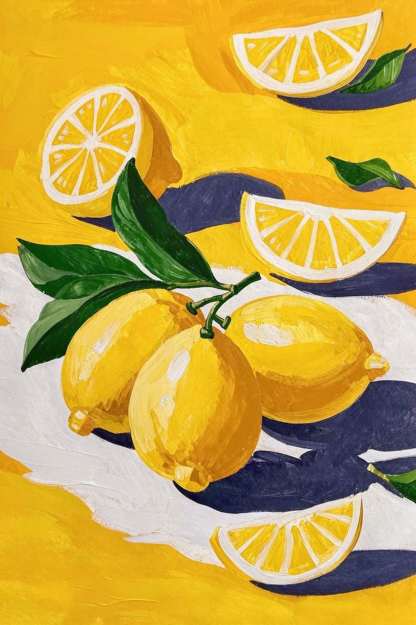 Acrylic painting of whole yellow lemons, lemon slices, green leaves, and shadows on a yellow background with white highlights.
