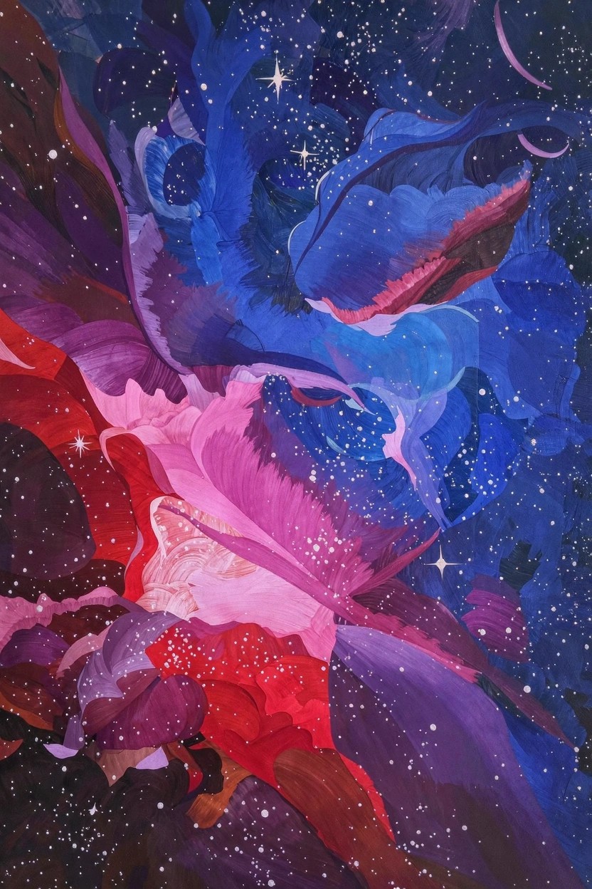 Abstract acrylic painting of swirling blue, purple, pink, and red petal-like shapes blending into a starry navy background with a crescent moon.