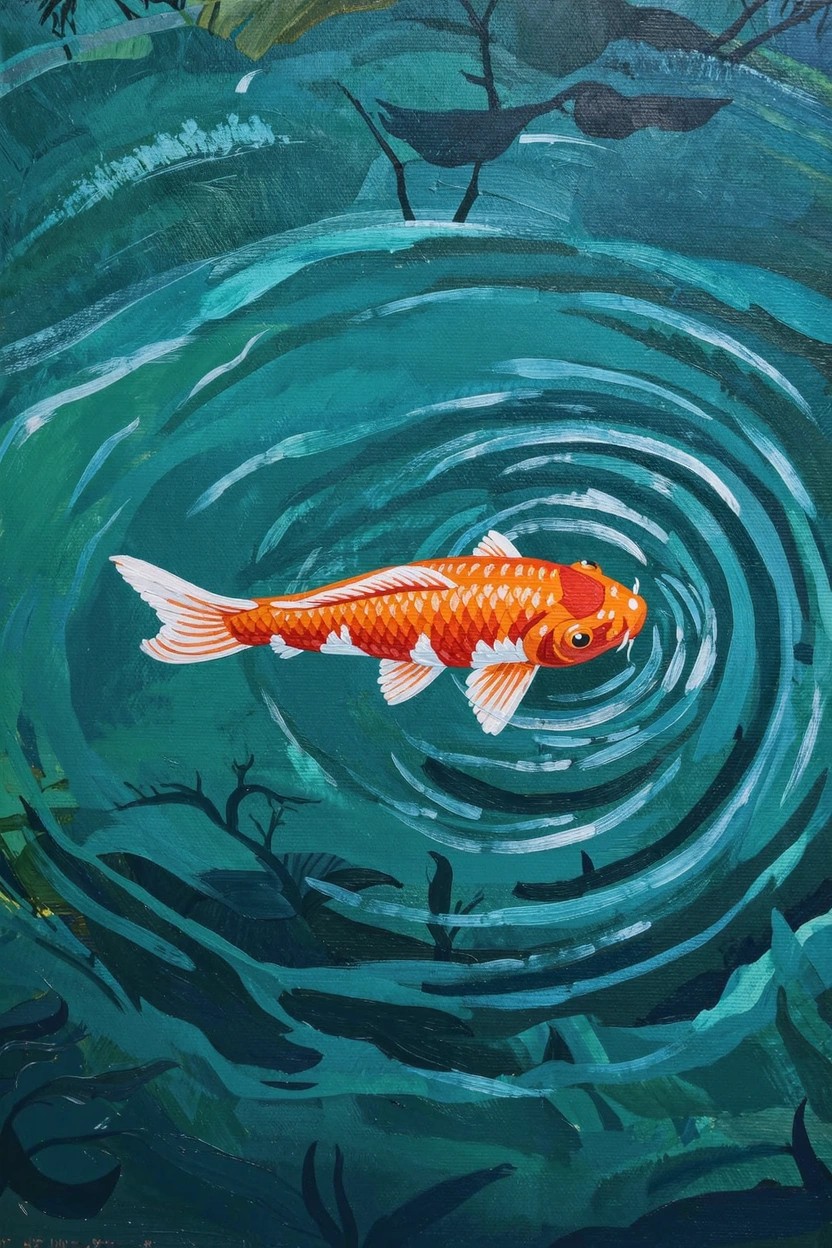 Orange koi fish swims in circular teal ripples surrounded by green lily pads and stems on a dark watery background.