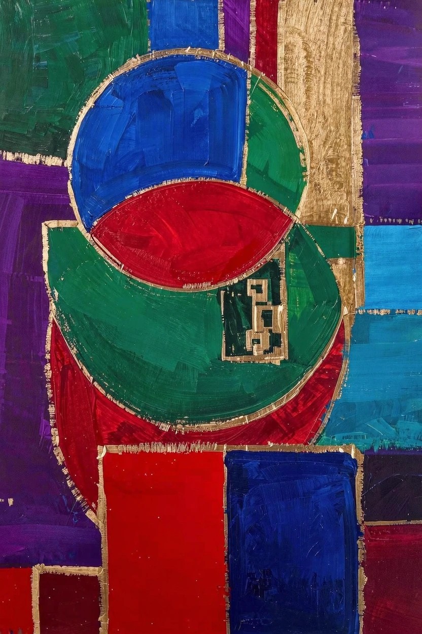 Abstract acrylic painting featuring overlapping circles and rectangles in green, blue, red, purple, and gold on a textured background.