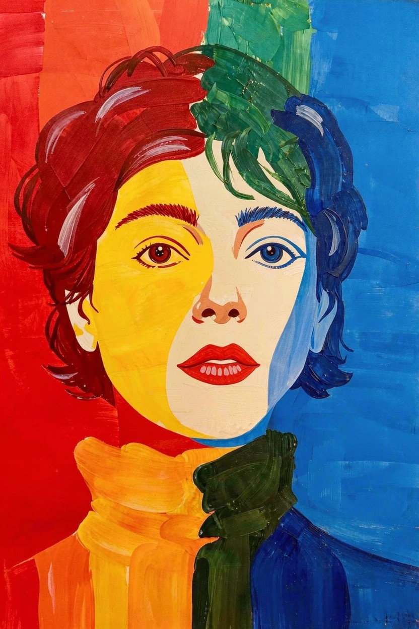 Acrylic painting of a woman's face divided vertically into warm red-yellow-orange tones on the left and cool green-blue tones on the right.