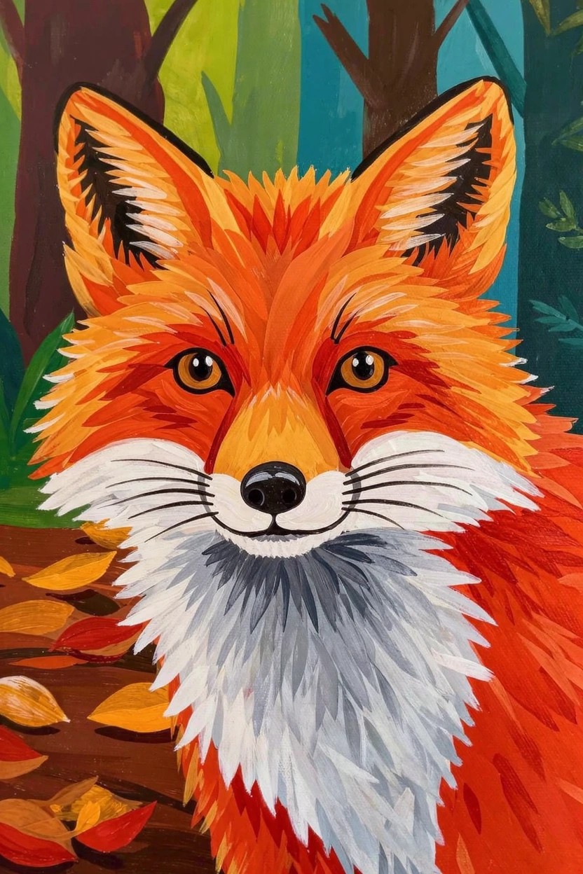 Acrylic painting of a forward-facing orange fox with green eyes, white muzzle, and fall leaves in a green-blue forest background.