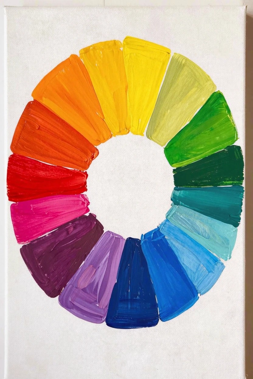 Canvas with a circular acrylic color wheel of 12 rainbow segments in bold brushstrokes on white background.