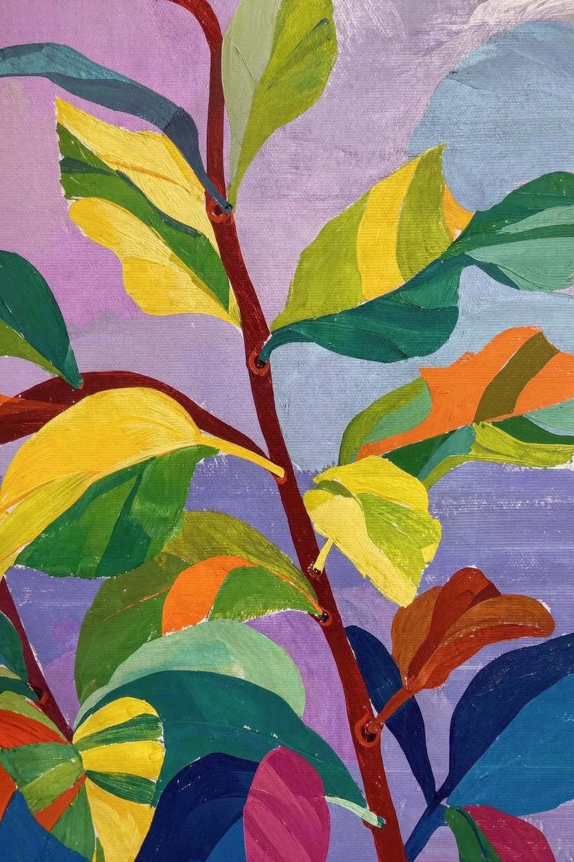 Acrylic painting of overlapping multicolored leaves in greens, yellows, oranges, and blues on a red stem against a purple background.