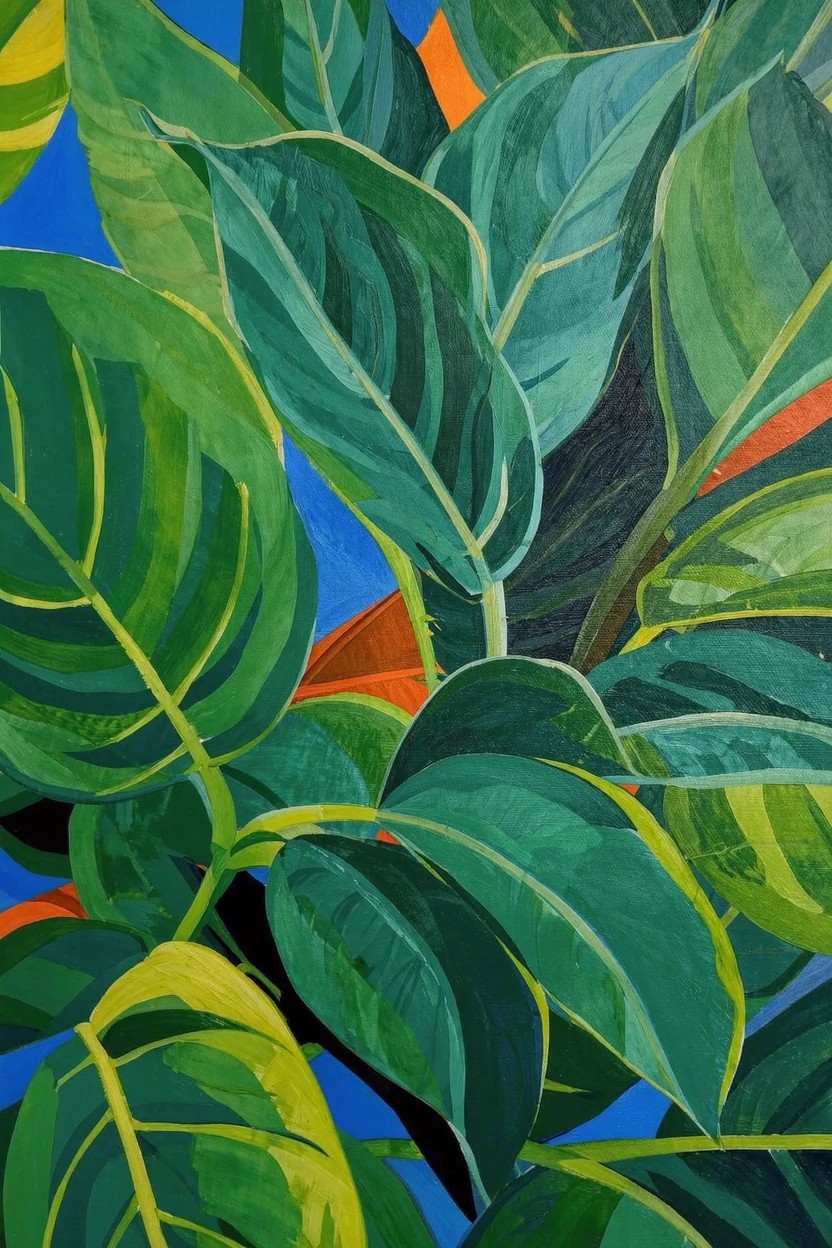 Acrylic painting of overlapping green tropical leaves with orange accents against a blue background.