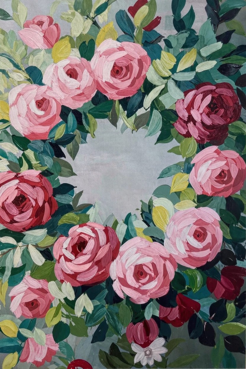 Vertical acrylic painting of pink and red roses forming a circular wreath with green leaves on a gray background.