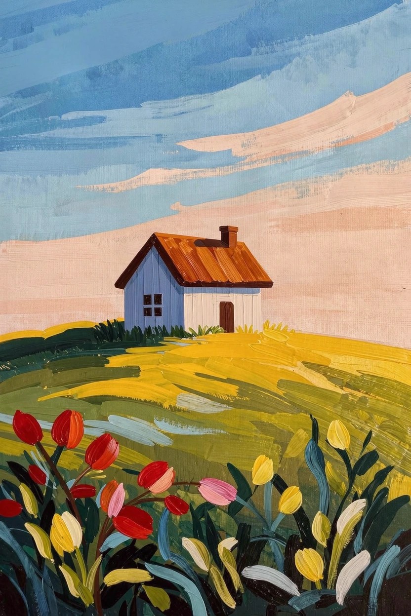 Acrylic painting of a small white house with red roof on a green-yellow hill surrounded by red, pink, yellow, and white tulips under a blue-pink-orange sunset sky.