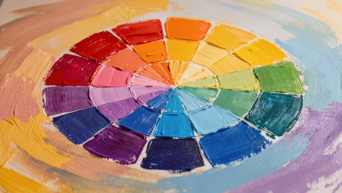 Canvas with a circular acrylic color wheel of 12 rainbow segments in bold brushstrokes on white background.