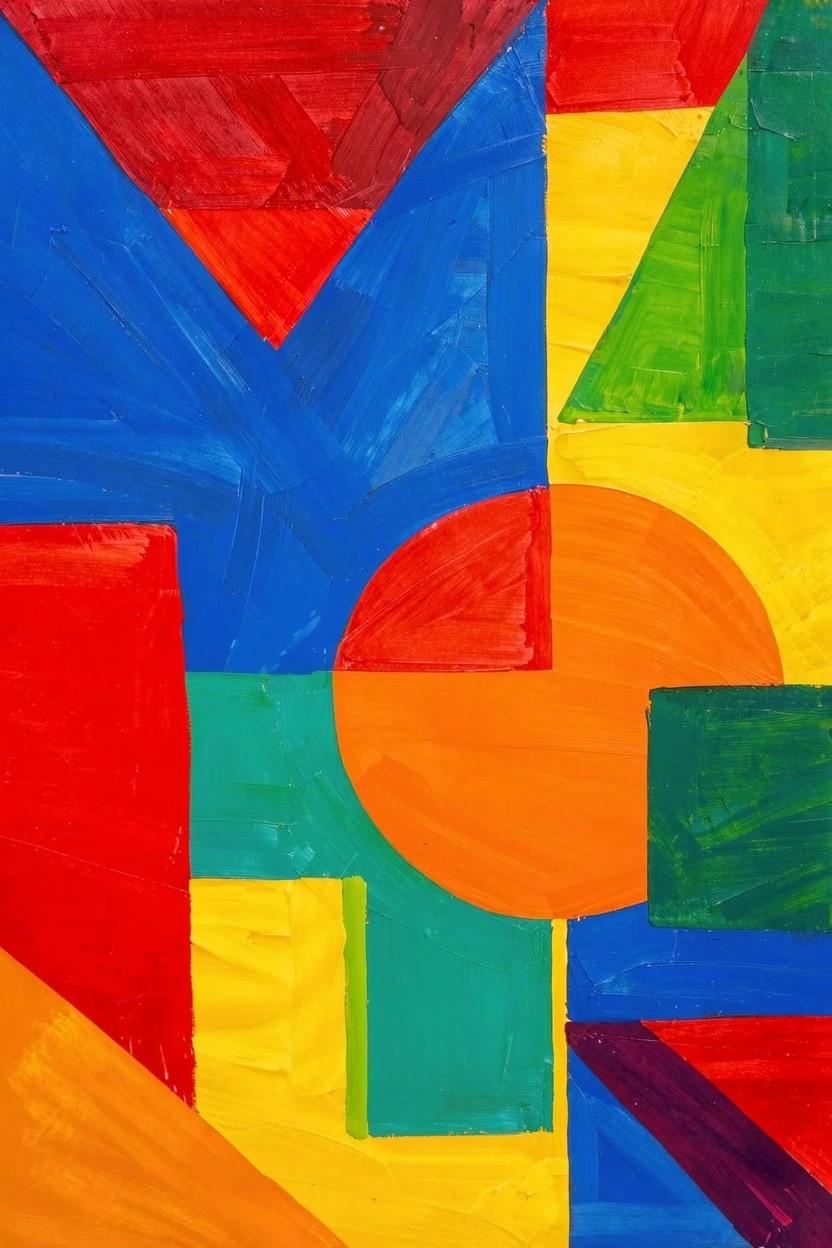 Abstract acrylic painting of overlapping geometric shapes including triangles, rectangles, and a circle in bold red, blue, yellow, green, orange, and purple colors.