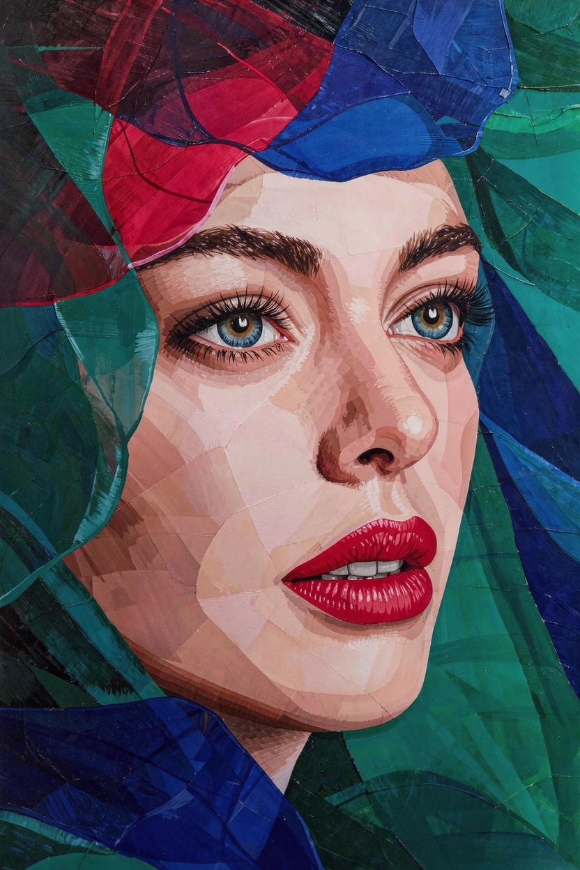 Acrylic painting of a woman's face built from overlapping geometric shapes in teal, green, blue, and red hues.