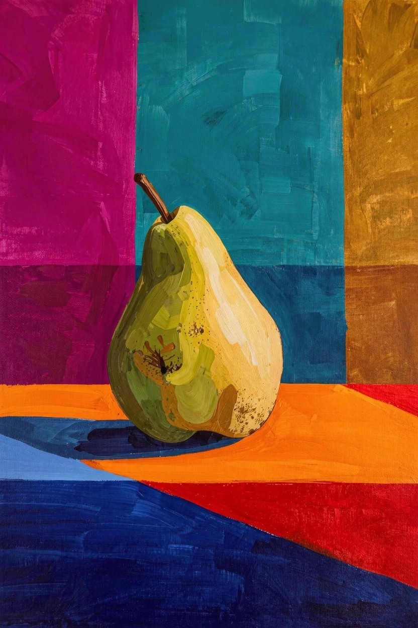 Acrylic painting of a yellowish-green pear centered against geometric blocks of purple, teal, yellow, orange, blue, and red with an orange base.