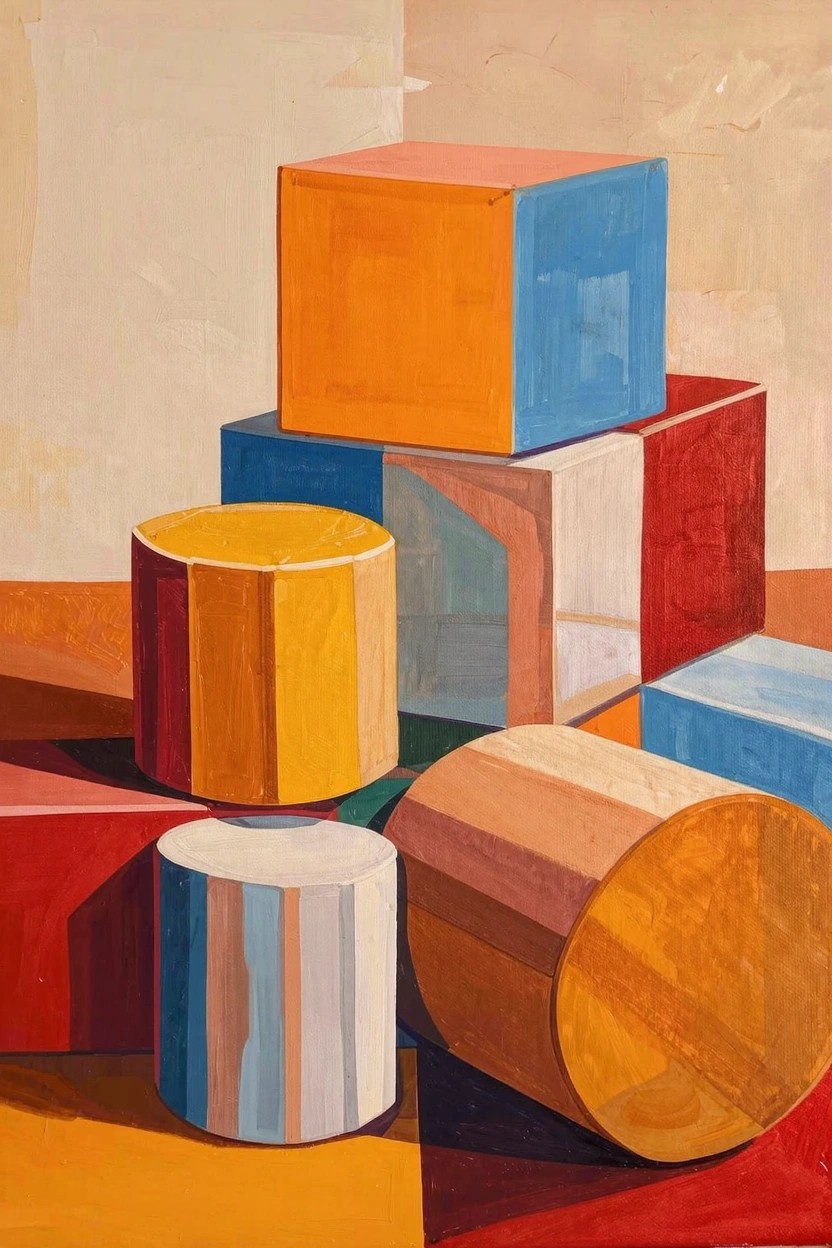 Acrylic painting of colorful stacked cubes and cylinders arranged as a geometric still life with shadows on a warm background.