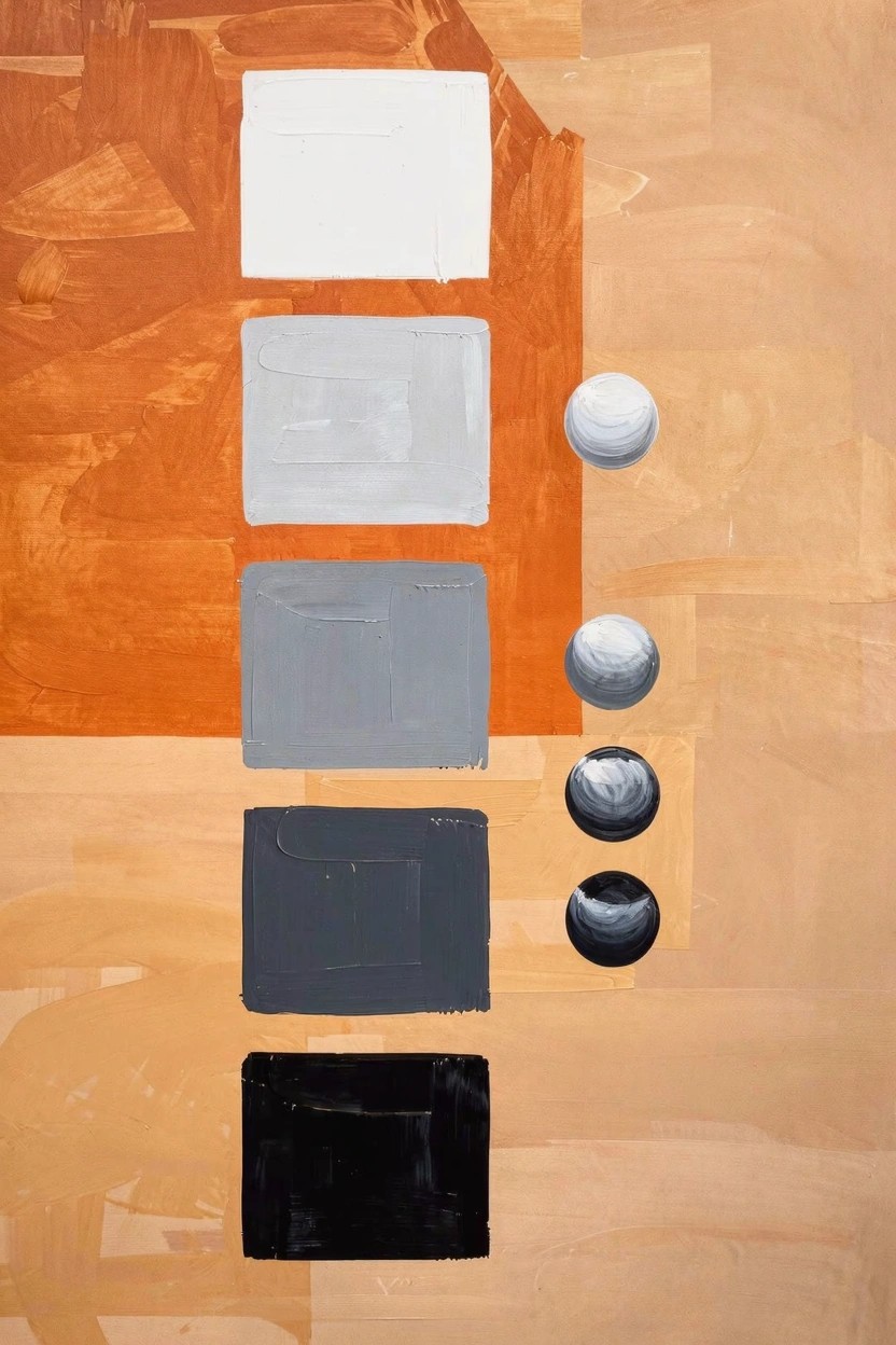 Acrylic painting of stacked gray rectangles from white to black paired with matching gray circles on a textured orange-brown background.