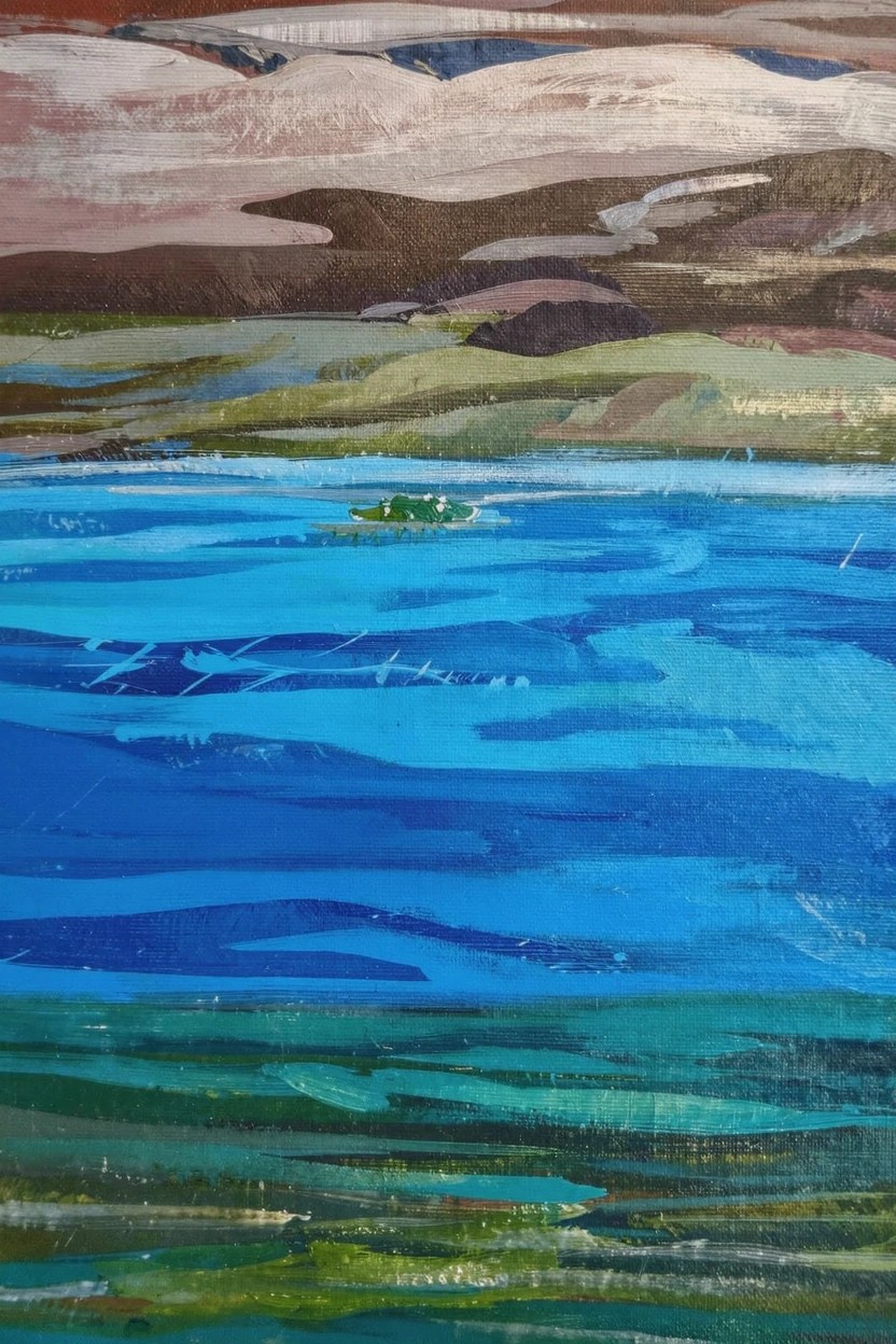 Abstract acrylic landscape with layered brown hills over blue water containing a green island and foreground green-blue waves.