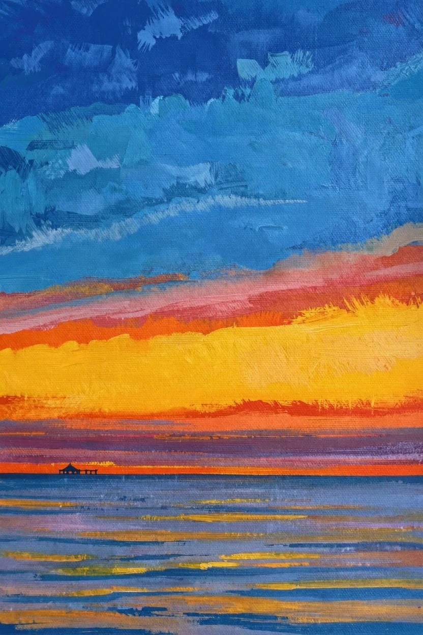 Acrylic painting of a blue-to-orange sunset sky over purple ocean waters with a distant dark pier silhouette on the horizon.
