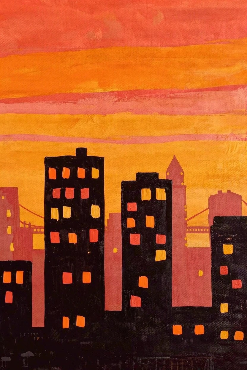 Acrylic painting of black silhouetted tall buildings and a bridge against horizontal stripes of orange sunset sky, with some orange lit windows.