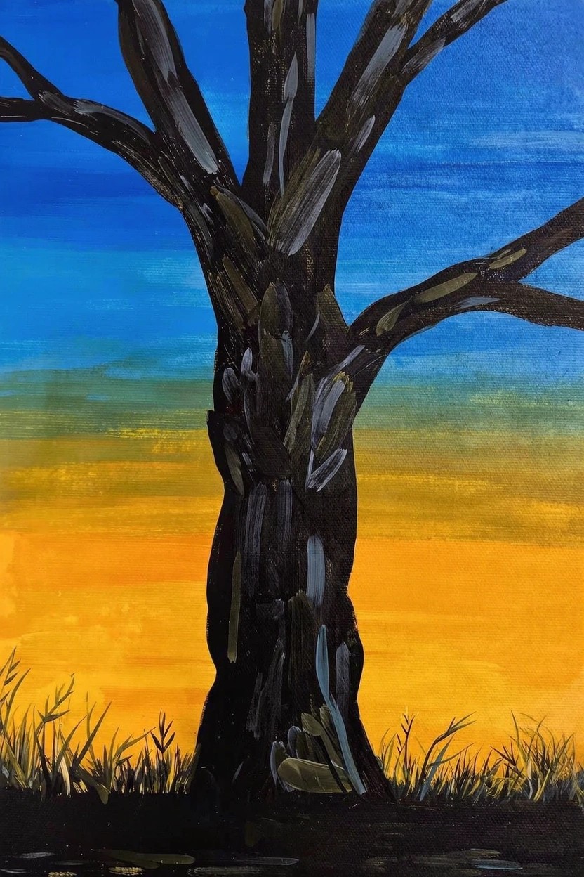 Acrylic painting of a dark textured tree silhouetted against a blue-to-orange gradient sunset sky with yellow grass at the base.