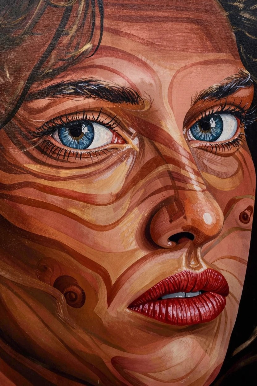 Close-up acrylic portrait of a woman's face in swirling orange-brown contours with blue eyes and red lips.