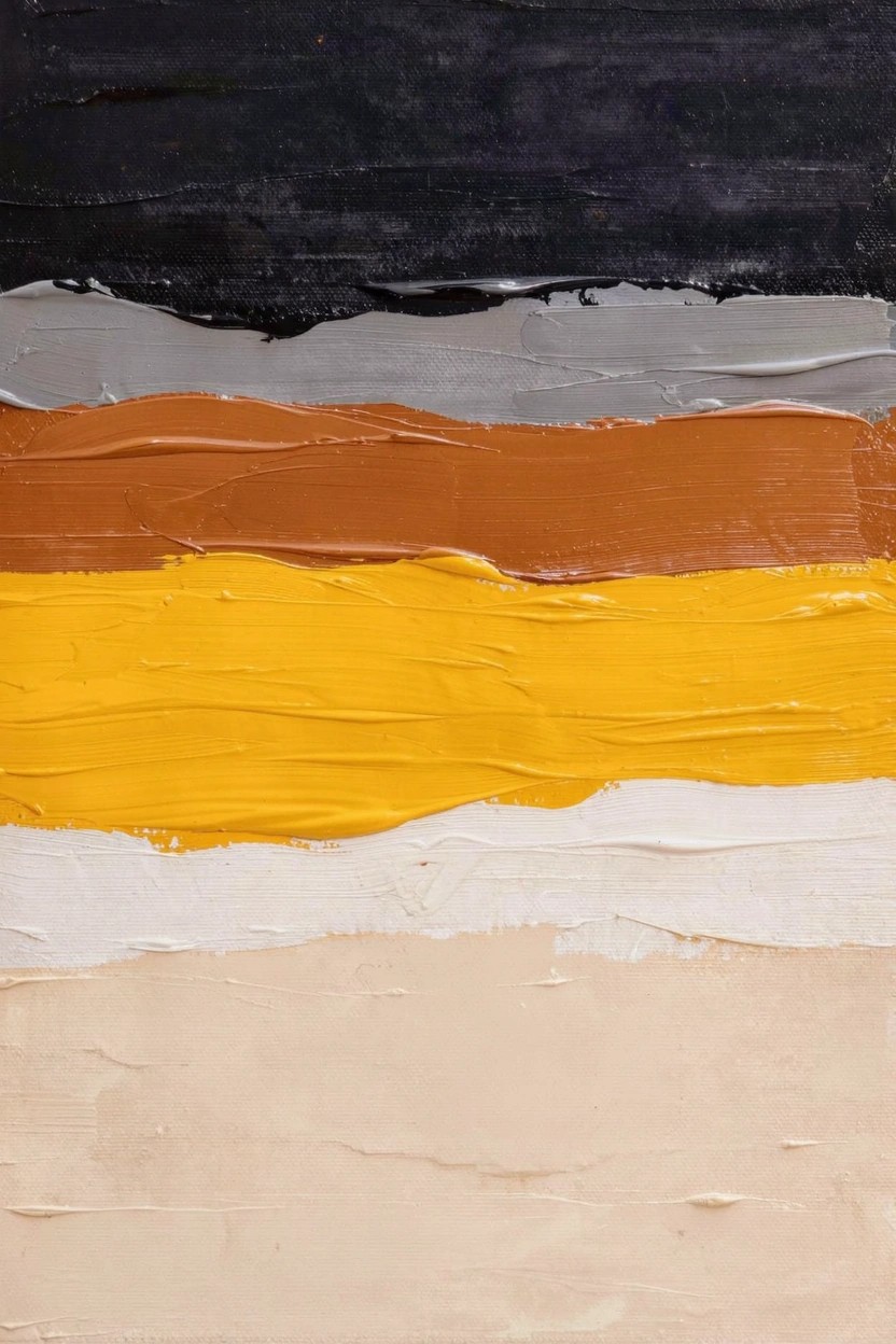 Abstract acrylic painting with horizontal textured bands of black, gray, orange, yellow, and white paint.