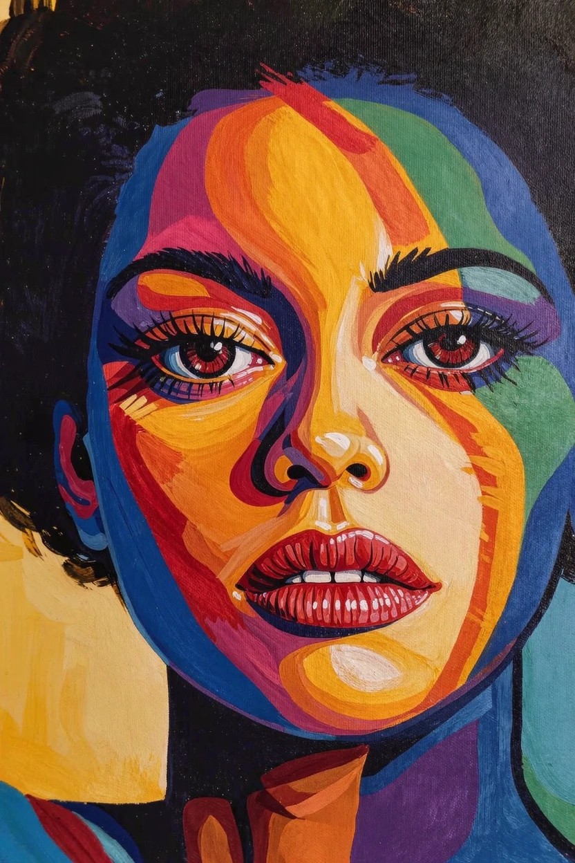 Acrylic painting of a woman's face rendered in bold, angular blocks of vibrant orange, yellow, green, blue, and purple hues.