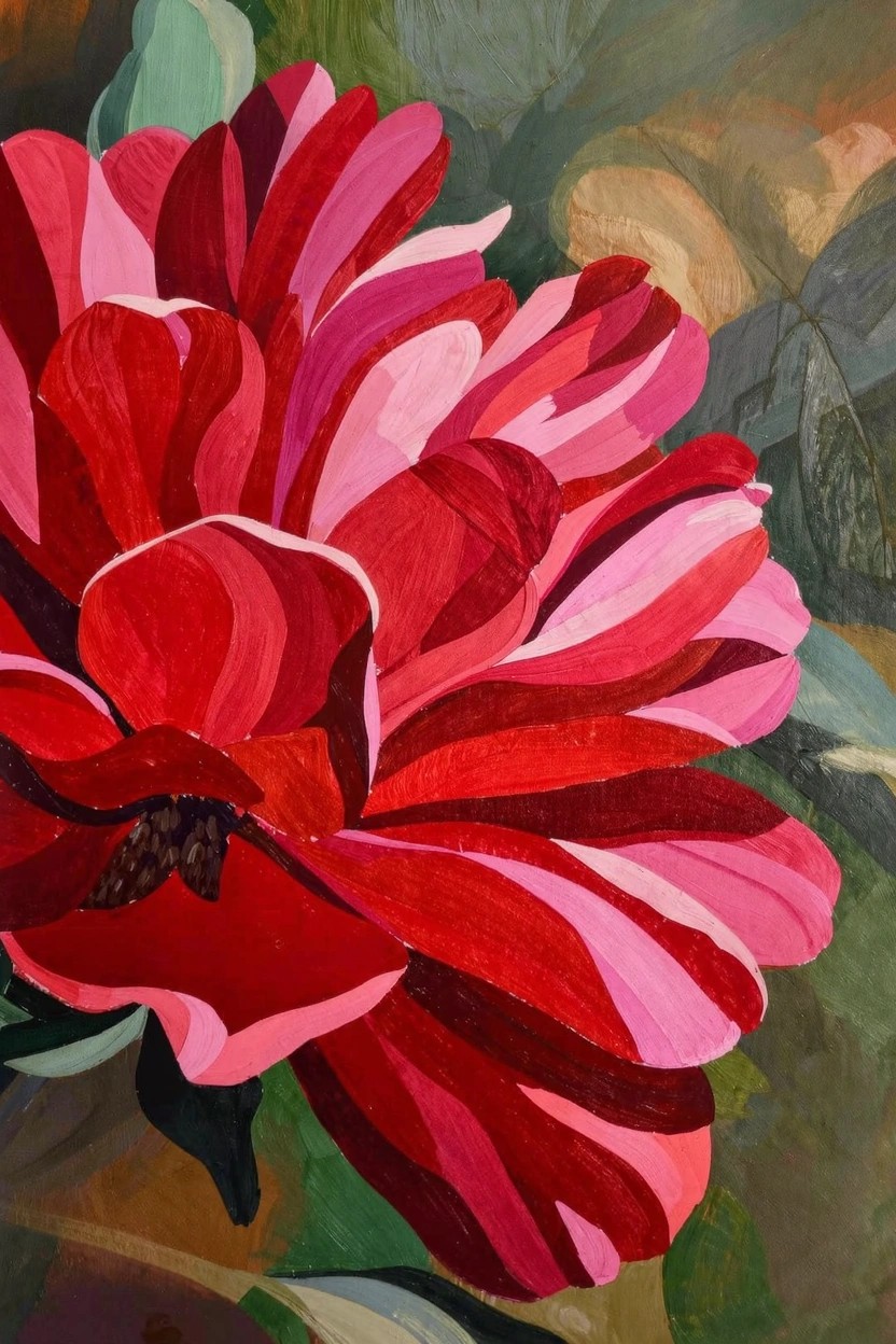 Close-up acrylic painting of a red and pink peony flower with green leaves on a blurred green background.