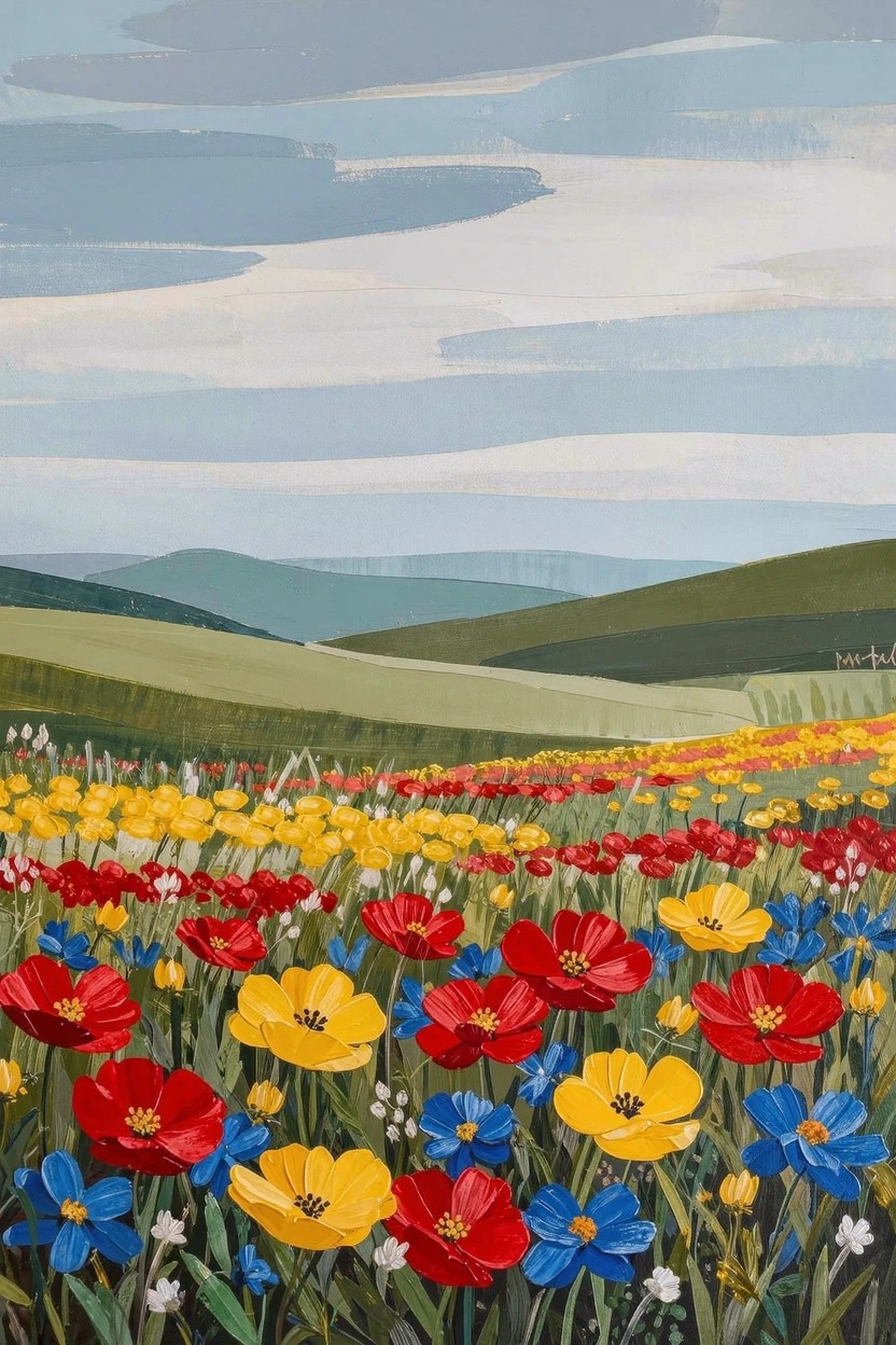 Acrylic painting of a foreground field packed with red poppies, yellow flowers, and blue blooms leading to green rolling hills and distant mountains under a cloudy sky.