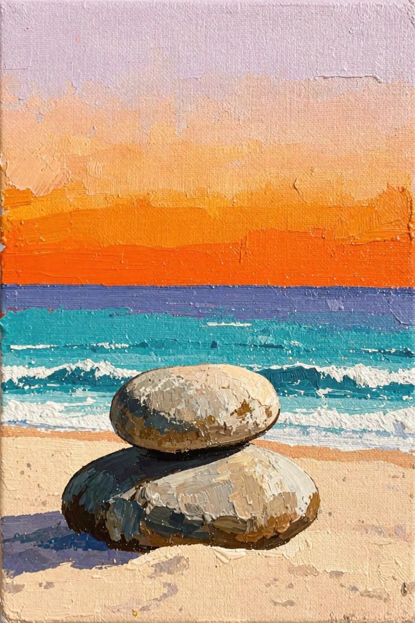 Acrylic painting of two stacked gray rocks on beige sand with orange-purple sunset sky, blue waves, and textured brushwork.