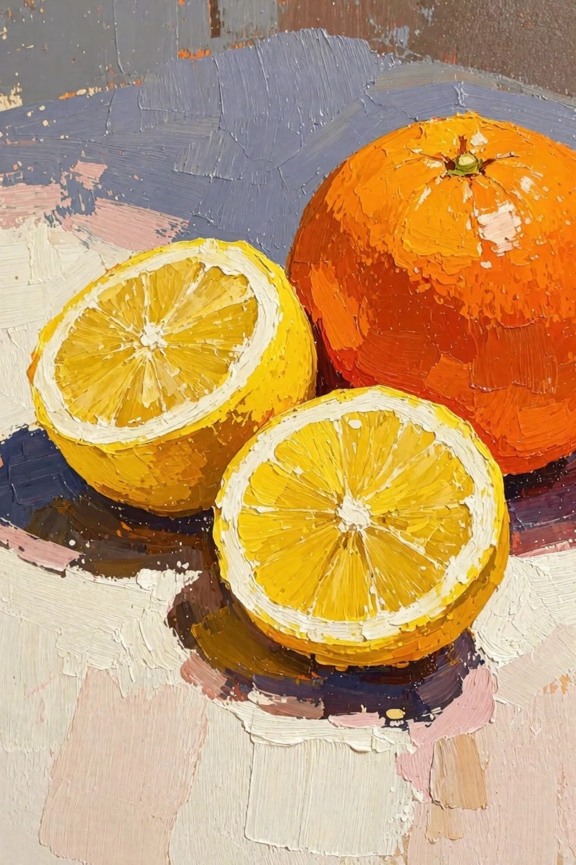 Acrylic painting of two halved lemons and one whole orange on a textured gray-pink background with shadows.