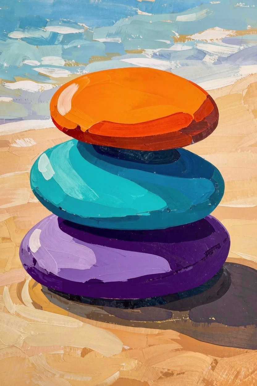 Acrylic painting of three glossy stacked stones in purple, teal, and orange on a sandy beach with blue ocean waves.