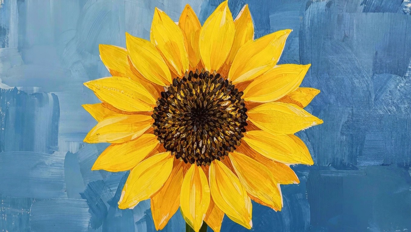 Acrylic painting of a yellow sunflower with brown center, green stem, and leaves against a teal background.