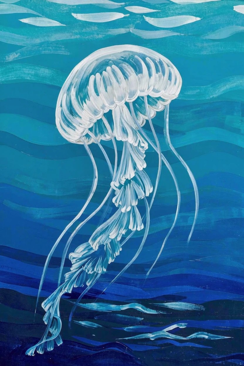 White jellyfish with long frilly tentacles floats above wavy blue ocean background in acrylic painting.
