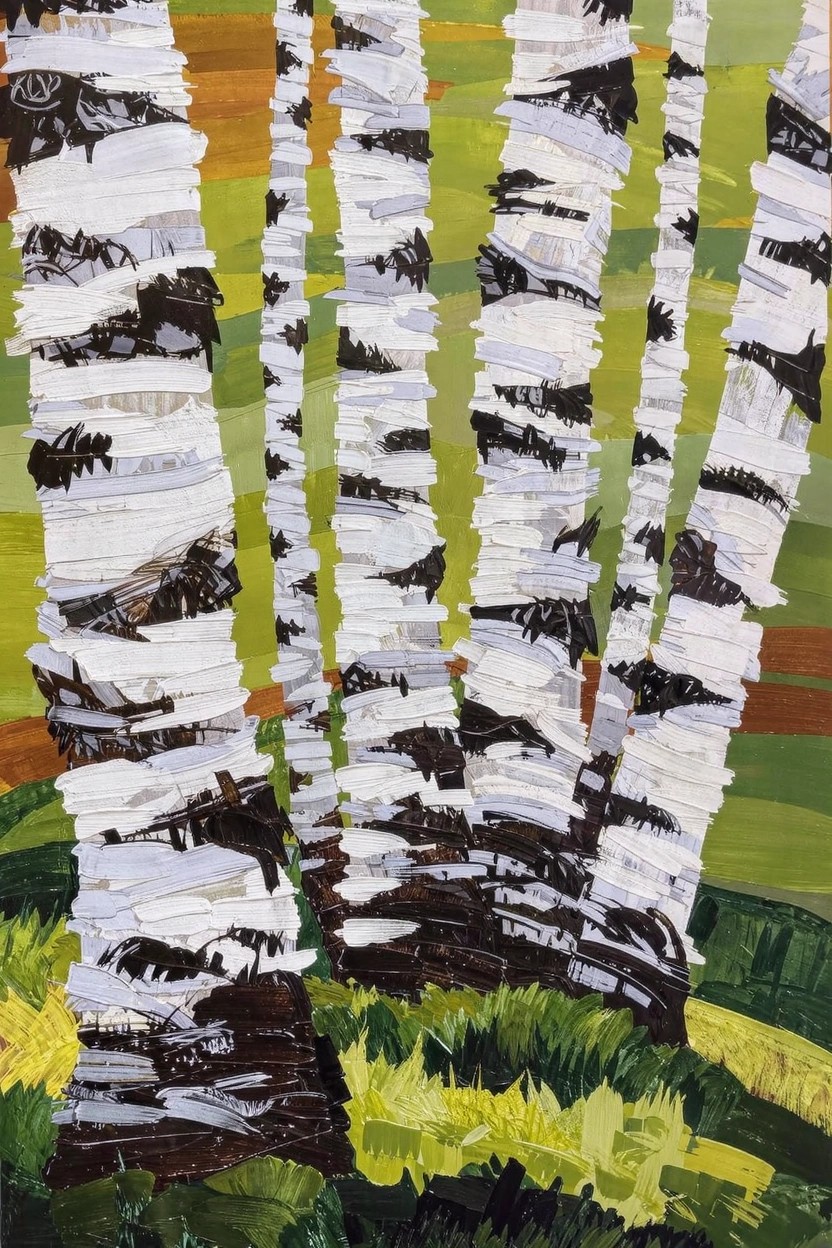 Acrylic painting of clustered white birch trees with black trunk markings against green and yellow foliage and ground.