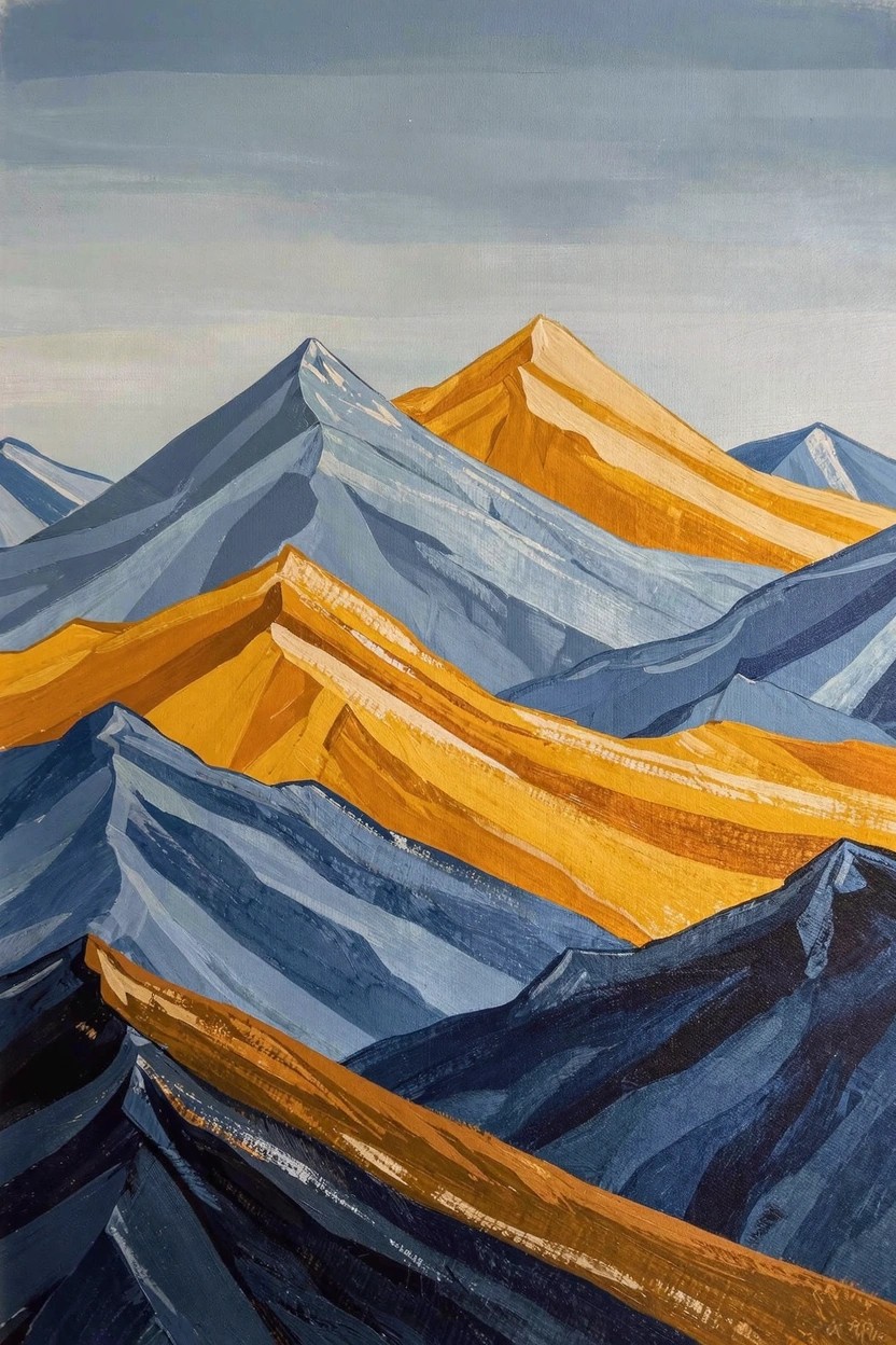 Acrylic painting of layered mountains in shades of blue and gray with golden yellow peaks.