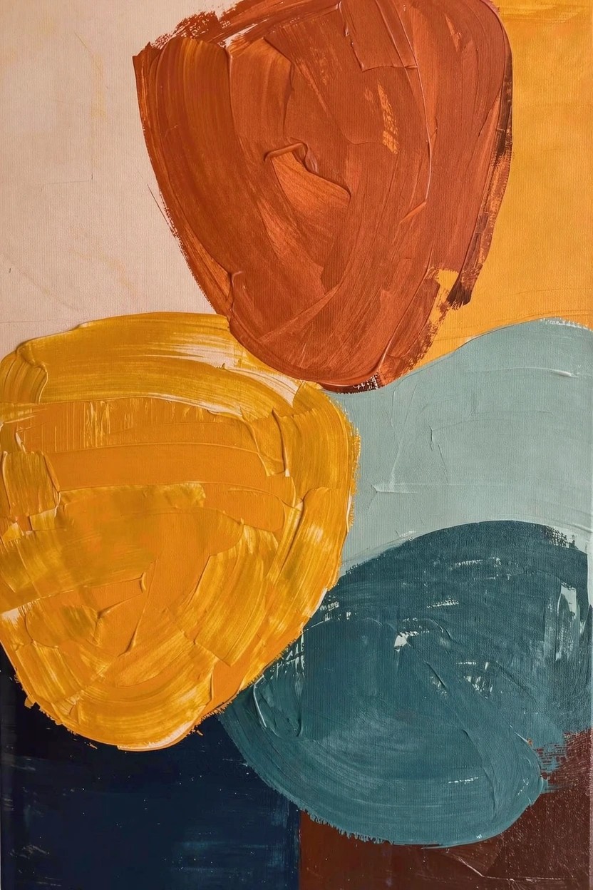 Abstract acrylic painting of overlapping irregular organic shapes in rust orange, yellow, teal, and navy blue on a light beige background.