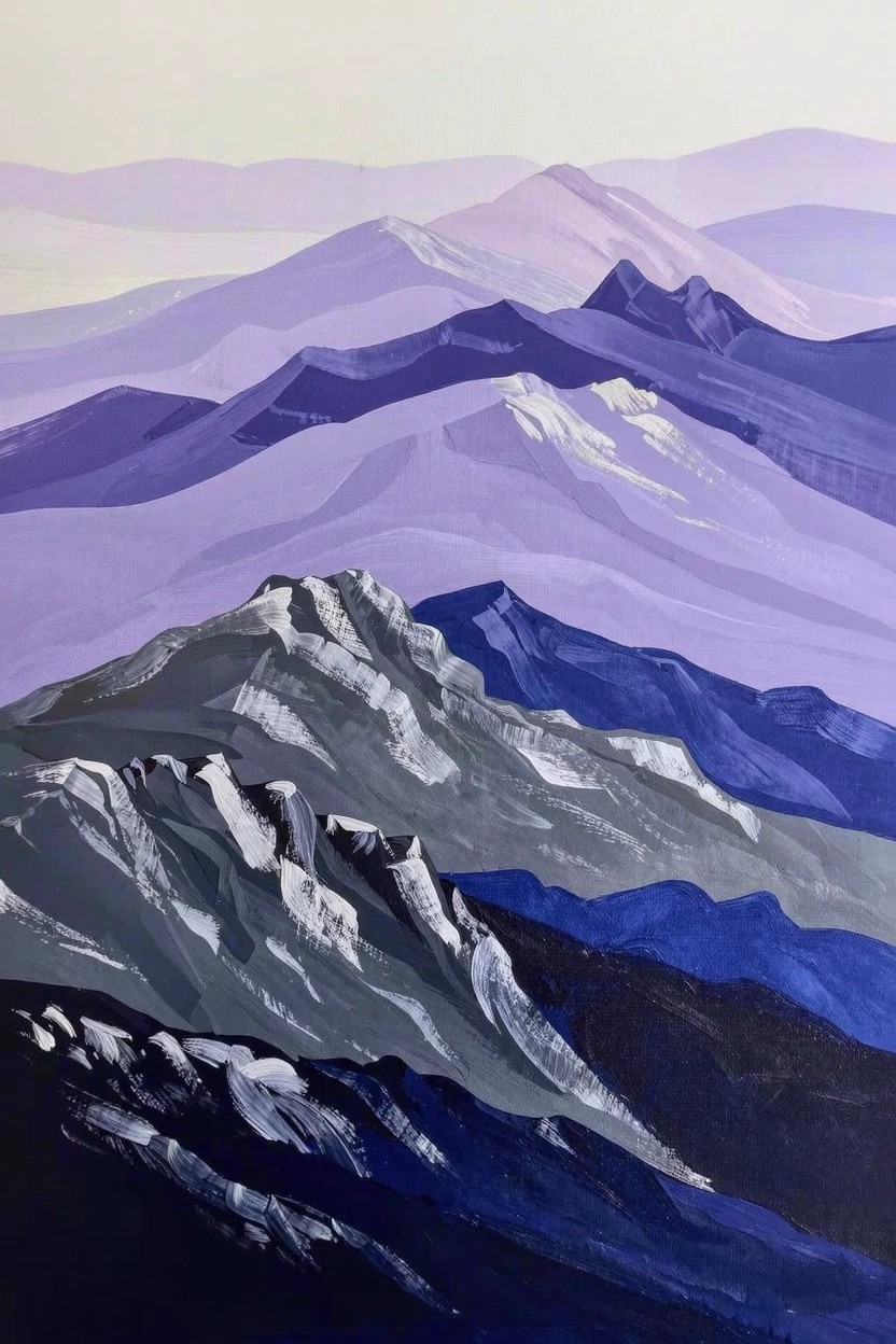 Acrylic painting of receding layered mountains in purple, lavender, blue, and gray shades against a light background.