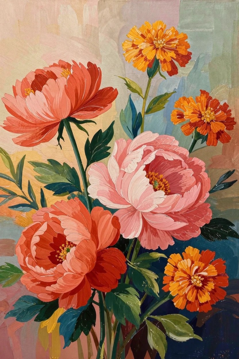 Vertical acrylic painting of clustered pink, coral, and red peonies with orange marigolds and green leaves on a multicolored pastel background.