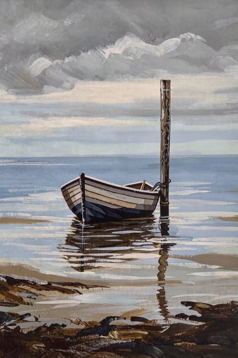 Acrylic painting of a small wooden rowboat tied to a tall post in shallow coastal waters under a gray cloudy sky with reflections and shoreline weeds.